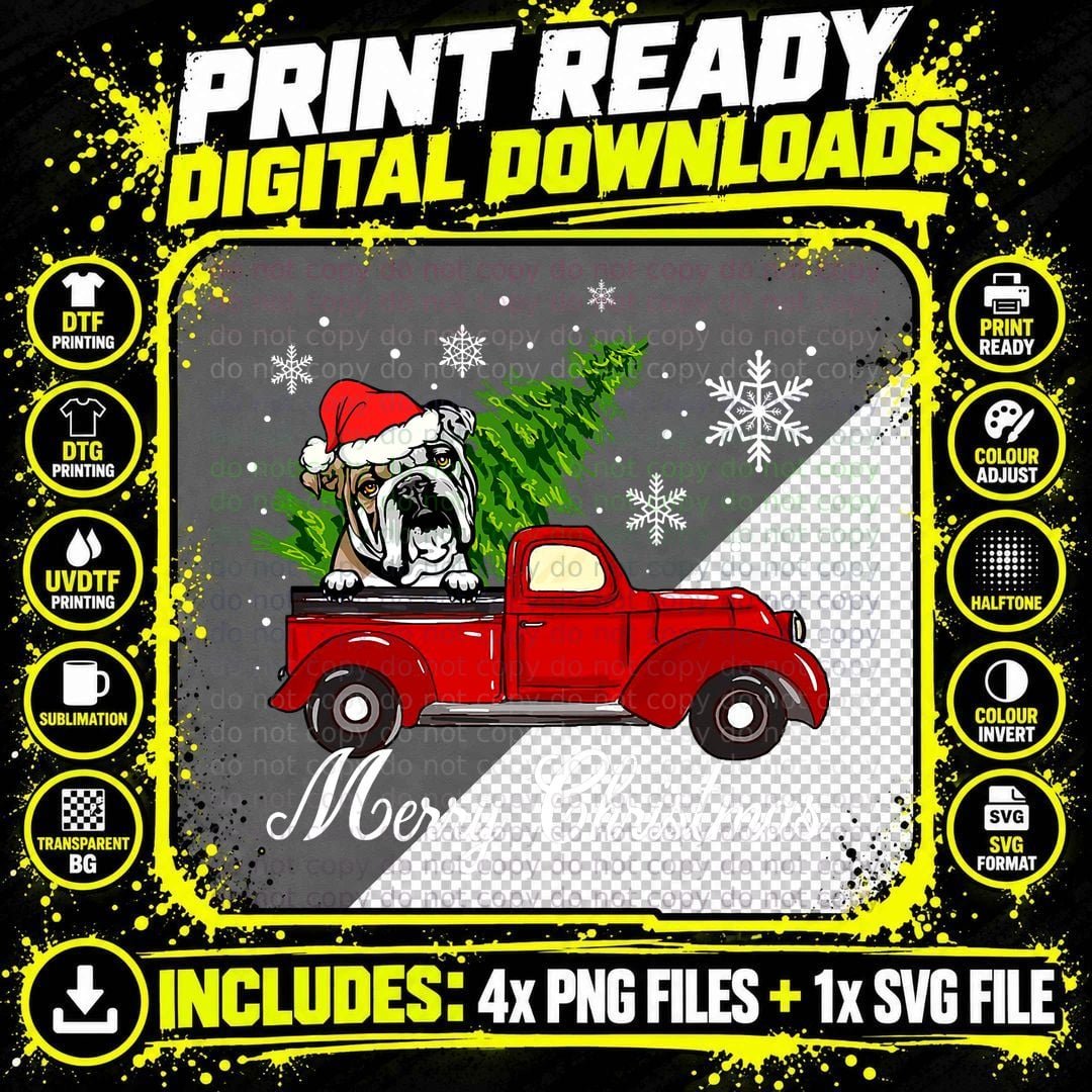 English Bulldog Dog Riding Red Truck Christmas Png SVG Digital Bundle