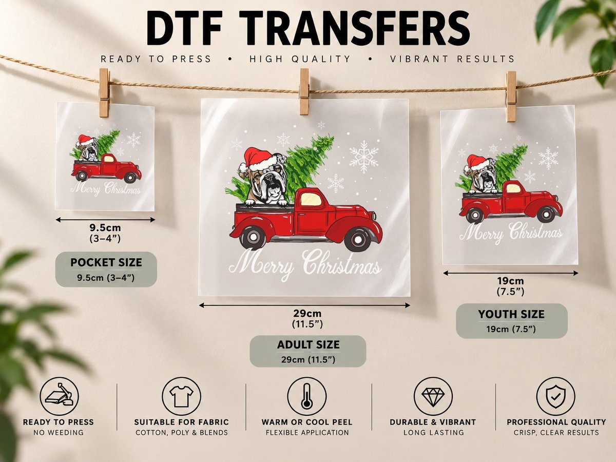 English Bulldog Dog Riding Red Truck Christmas Decorations DTF Transfer Iron On