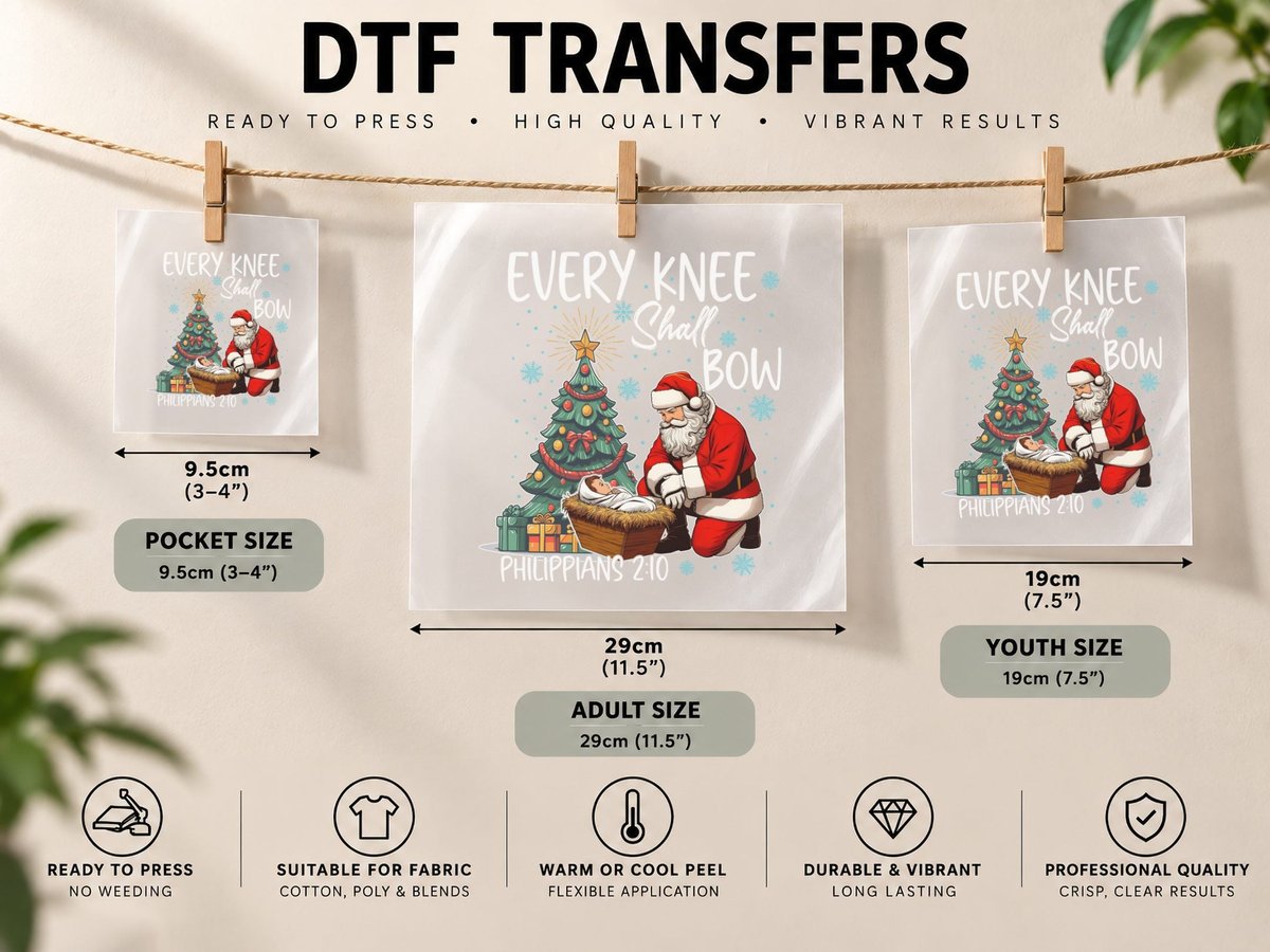 Every Knee Shall Bow, Kneeling Santa, Baby Jesus Gift DTF Transfer Iron On