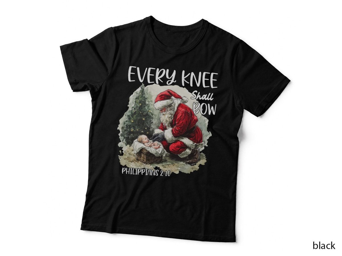 Every Knee Shall Bow, Nativity Scene, Retro Santa Christmas Gift T-Shirt