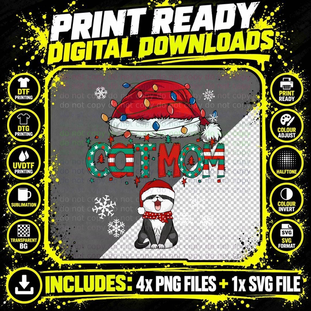 Festive Cat Mom Christmas Cute Cat Lover Santa Hat Png SVG Digital Bundle