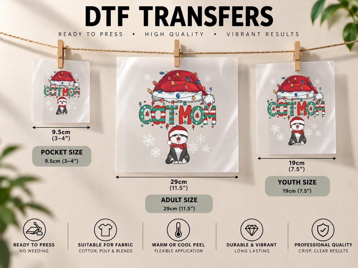 Festive Cat Mom Christmas Cute Cat Lover Santa Hat Winter DTF Transfer Iron On