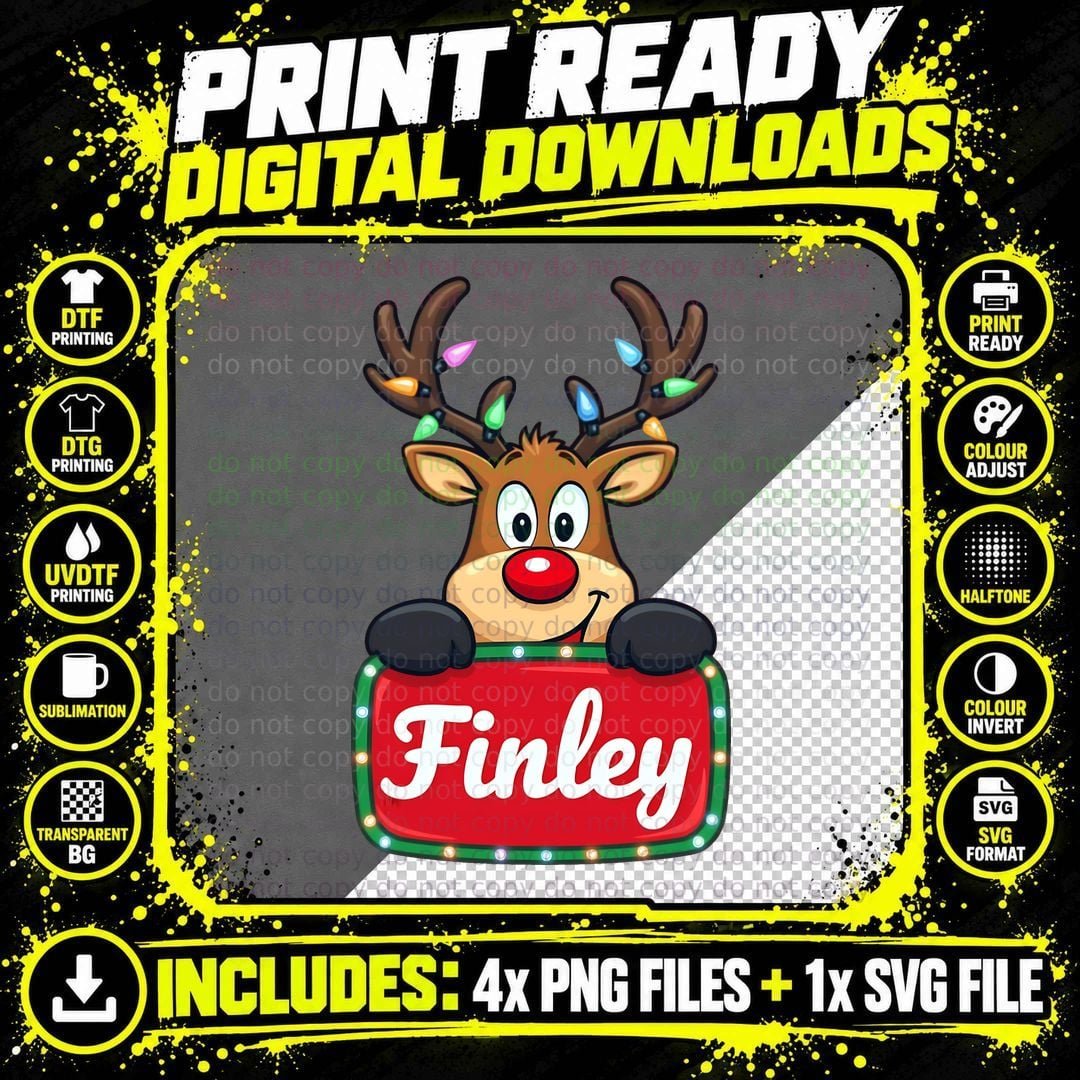 Finley Custom Reindeer Peeking Christmas Kids Lights Png SVG Digital Bundle