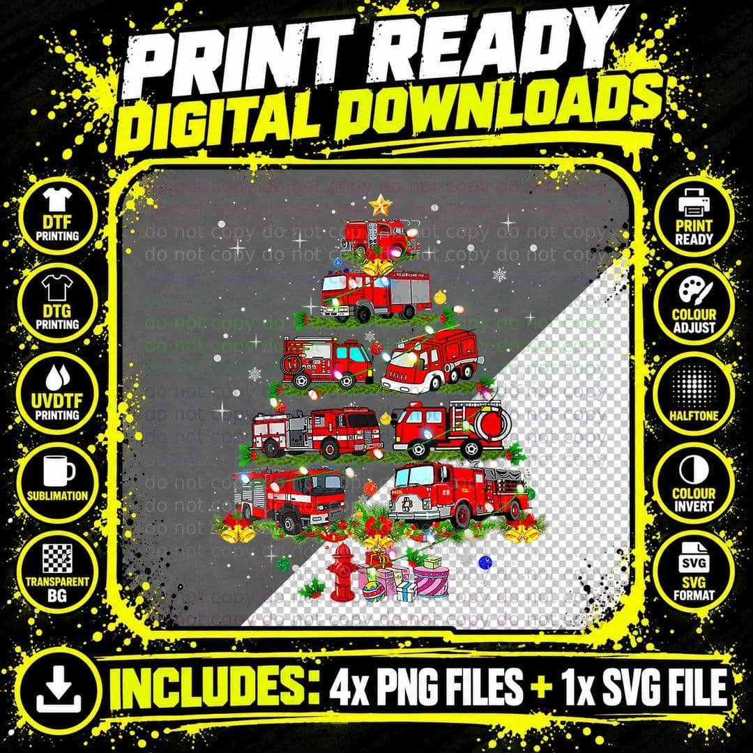 Firefighter Fire Truck Christmas Tree Lights Funny Png SVG Digital Bundle