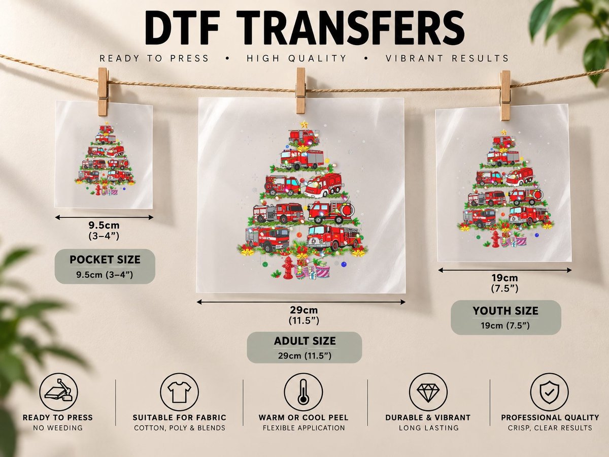 Firefighter Fire Truck Christmas Tree Lights Funny Pajama DTF Transfer Iron On