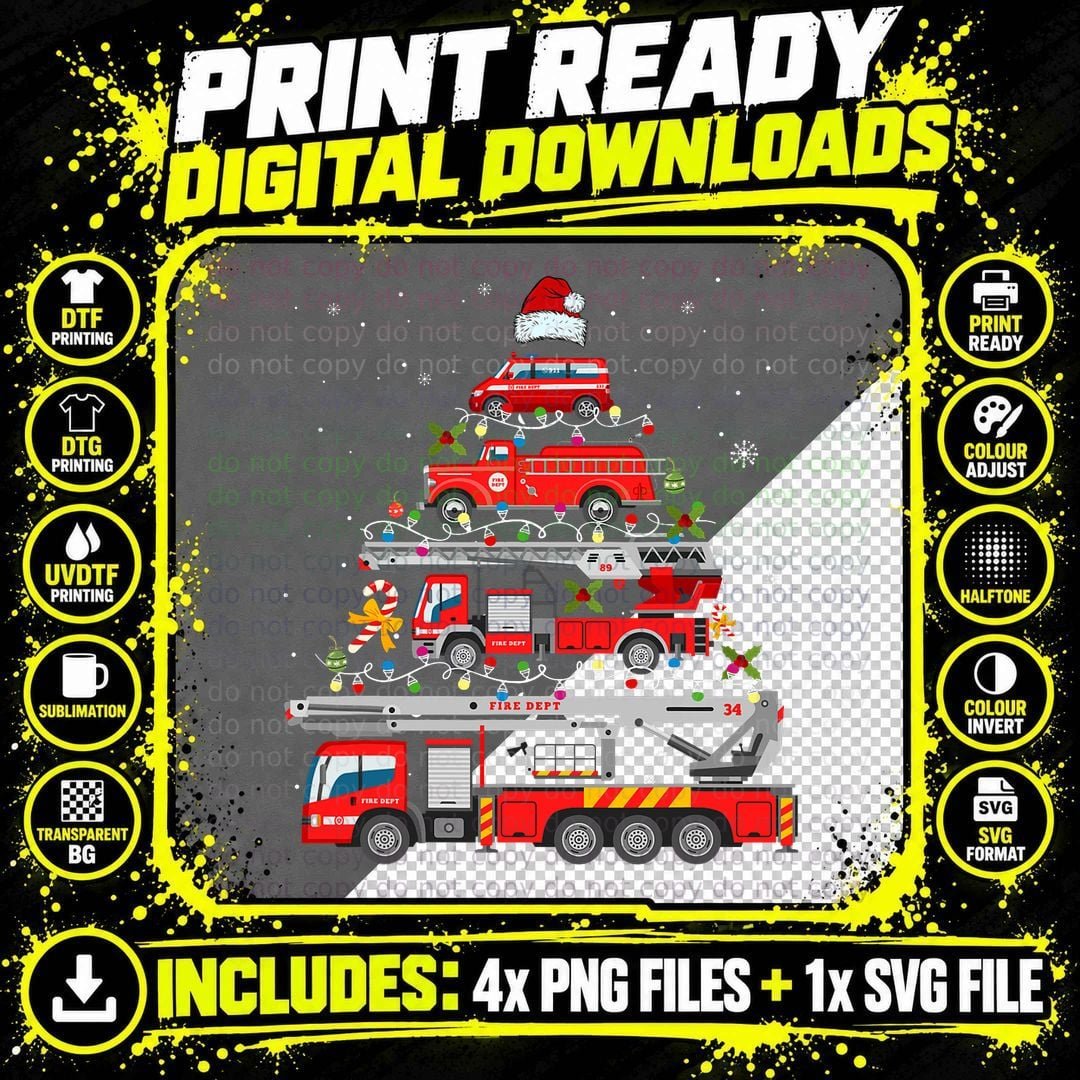 Firefighter Fire Truck Christmas Tree Lights Santa Png SVG Digital Bundle