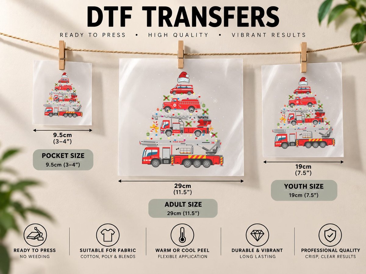 Firefighter Fire Truck Christmas Tree Lights Santa Fireman DTF Transfer Iron On