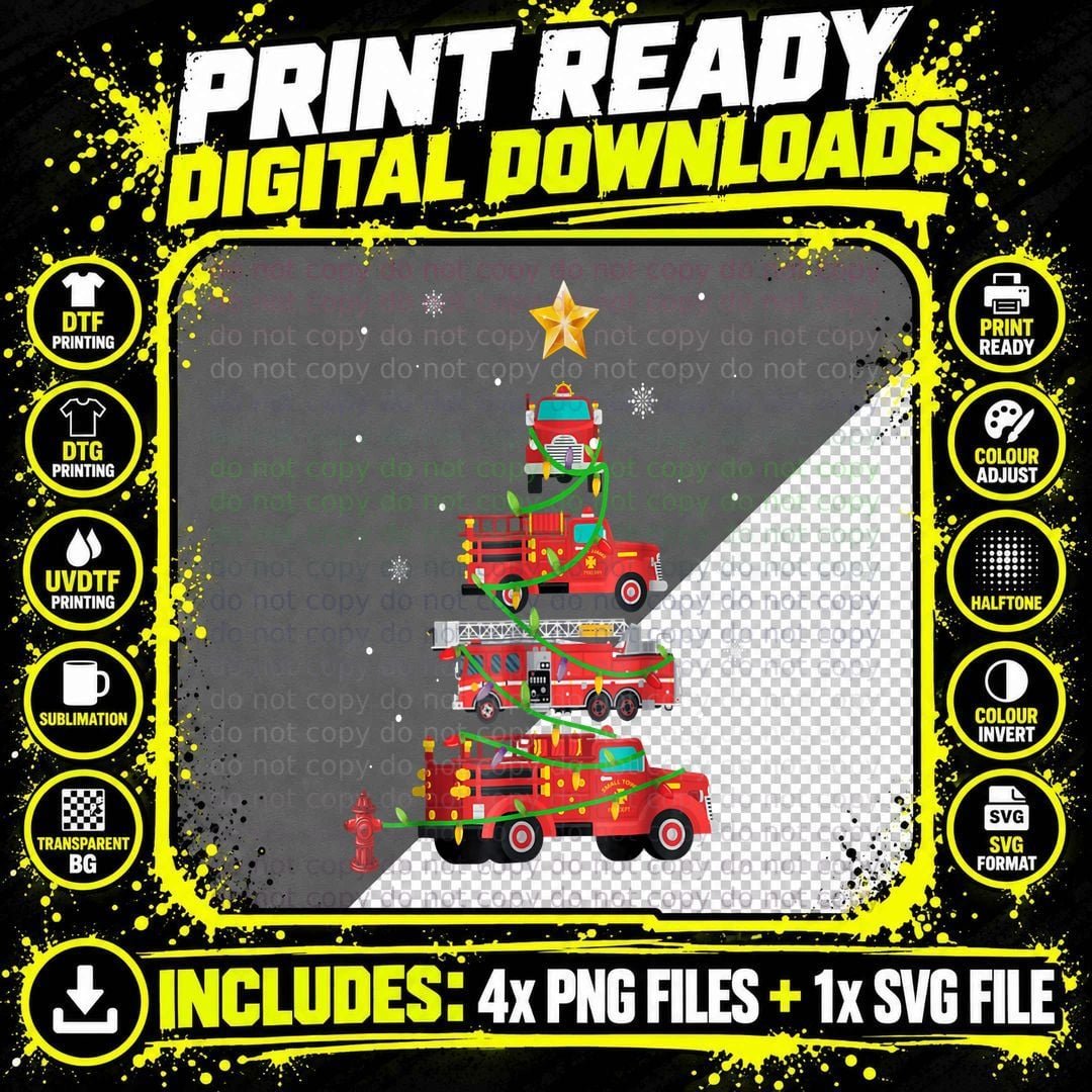 Firefighter Fire Truck Christmas Tree Xmas Apparel Png SVG Digital Bundle
