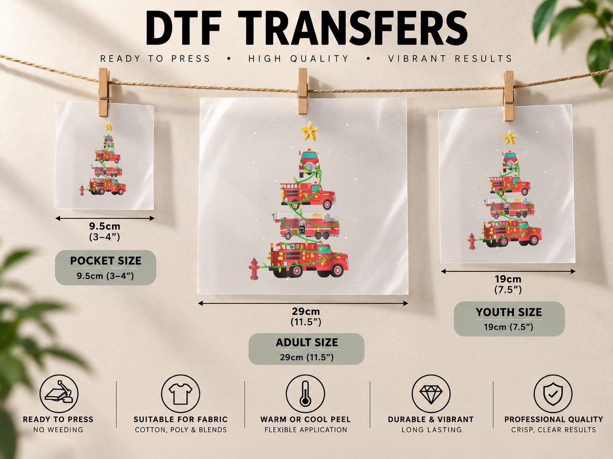Firefighter Fire Truck Christmas Tree Xmas Clothing DTF Transfer Iron On