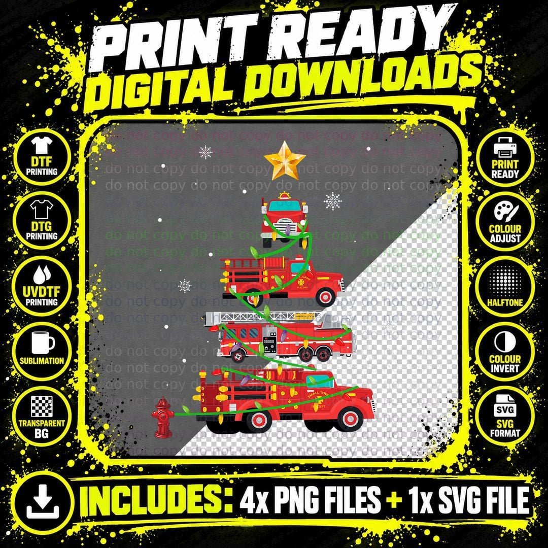 Firefighter Fire Truck Christmas Tree Xmas Tshirt Gifts Png SVG Digital Bundle