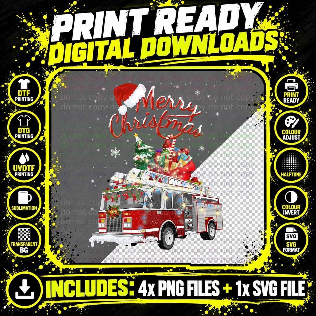 Firetruck Santa Sleigh Fireman Christmas Firefighter Png SVG Digital Bundle