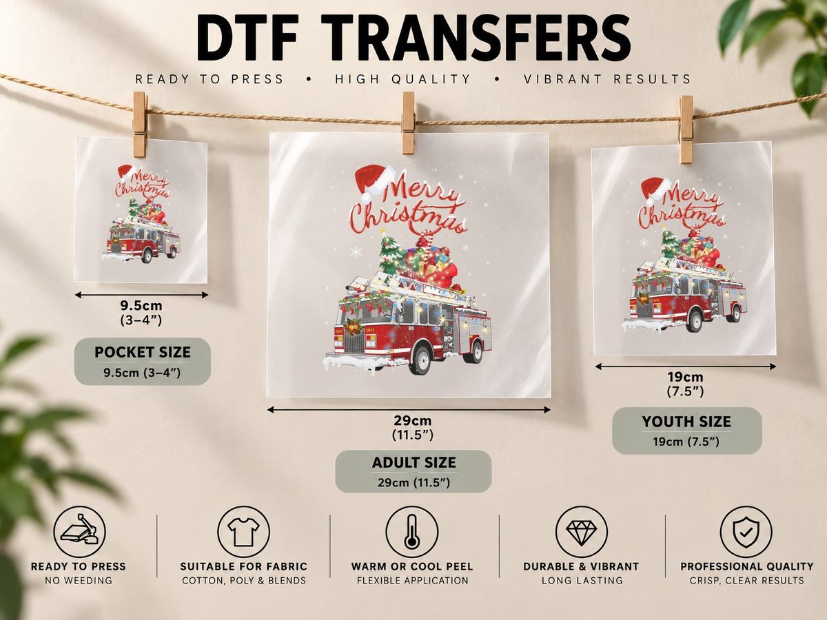 Firetruck Santa Sleigh Fireman Christmas Firefighter Xmas DTF Transfer Iron On