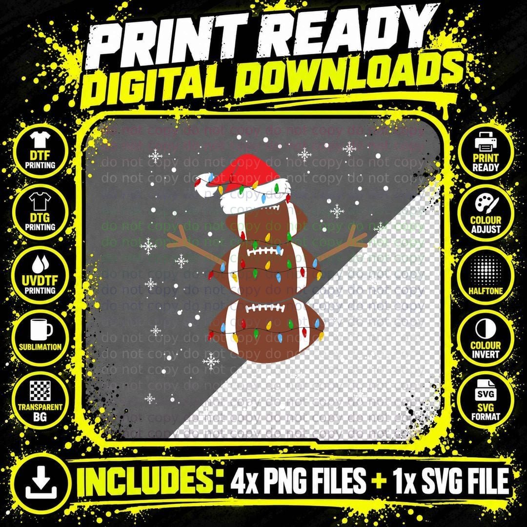 Football Player Snowman Santa Footballs Christmas Pajama Png SVG Digital Bundle