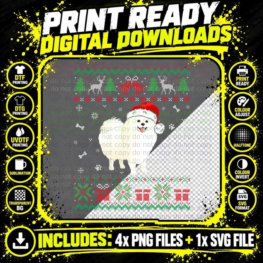 Funny American Eskimo Dog Santa Hat Christmas Puppy Png SVG Digital Bundle