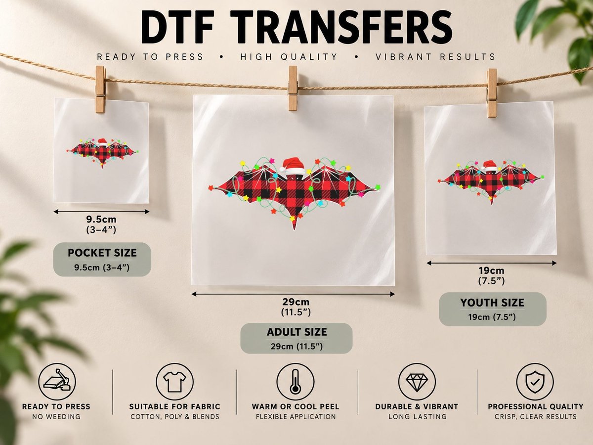 Funny Bat Christmas Tree Red Plaid Xmas Animals Lover DTF Transfer Iron On
