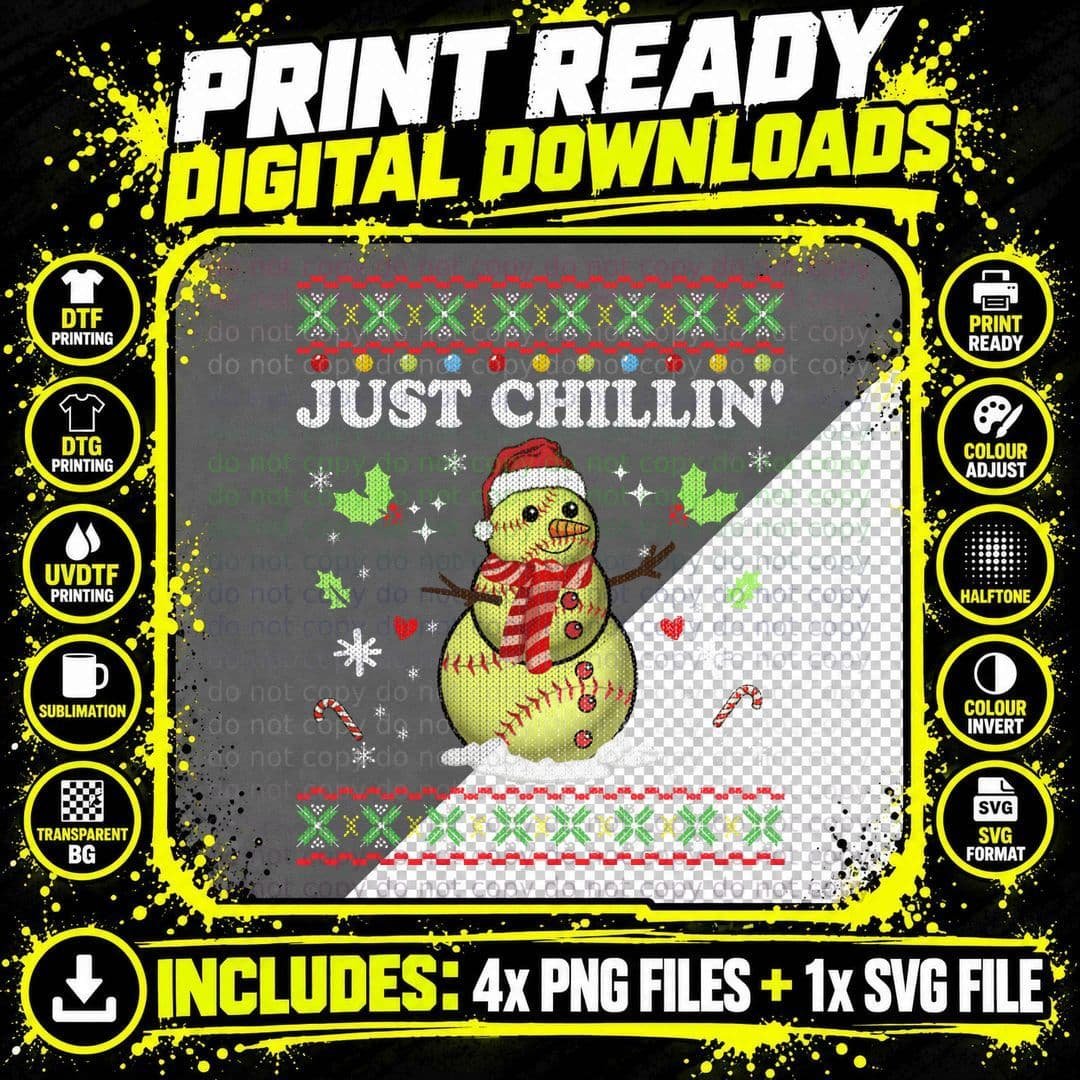 Funny Chillin' Snowman Softball Ball Ugly Christmas Png SVG Digital Bundle
