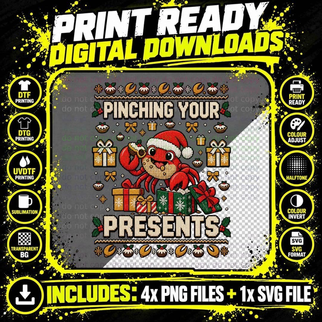 Funny Christmas Crab Mince Pie Pinching Presents Ugly Png SVG Digital Bundle