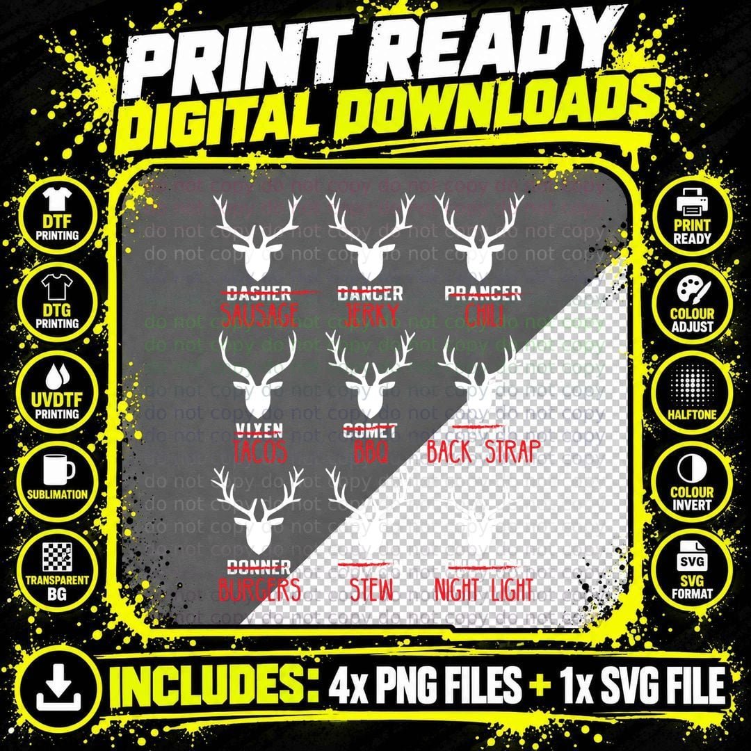 Funny Christmas Deer Hunters All of Santa's Reindeer Png SVG Digital Bundle