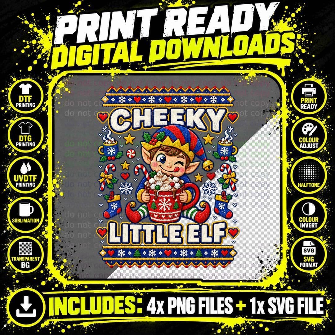 Funny Christmas Elf Cocoa Cheeky Little Elf Ugly Sweater Png SVG Digital Bundle