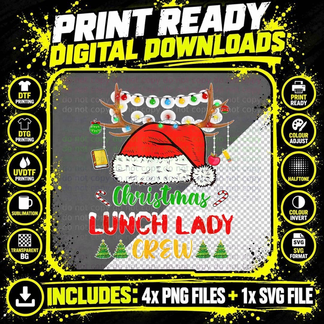 Funny Christmas Lights Lunch Lady Crew Reindeer Santa Png SVG Digital Bundle