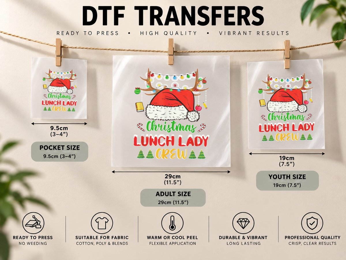 Funny Christmas Lights Lunch Lady Crew Reindeer Santa Gift DTF Transfer Iron On