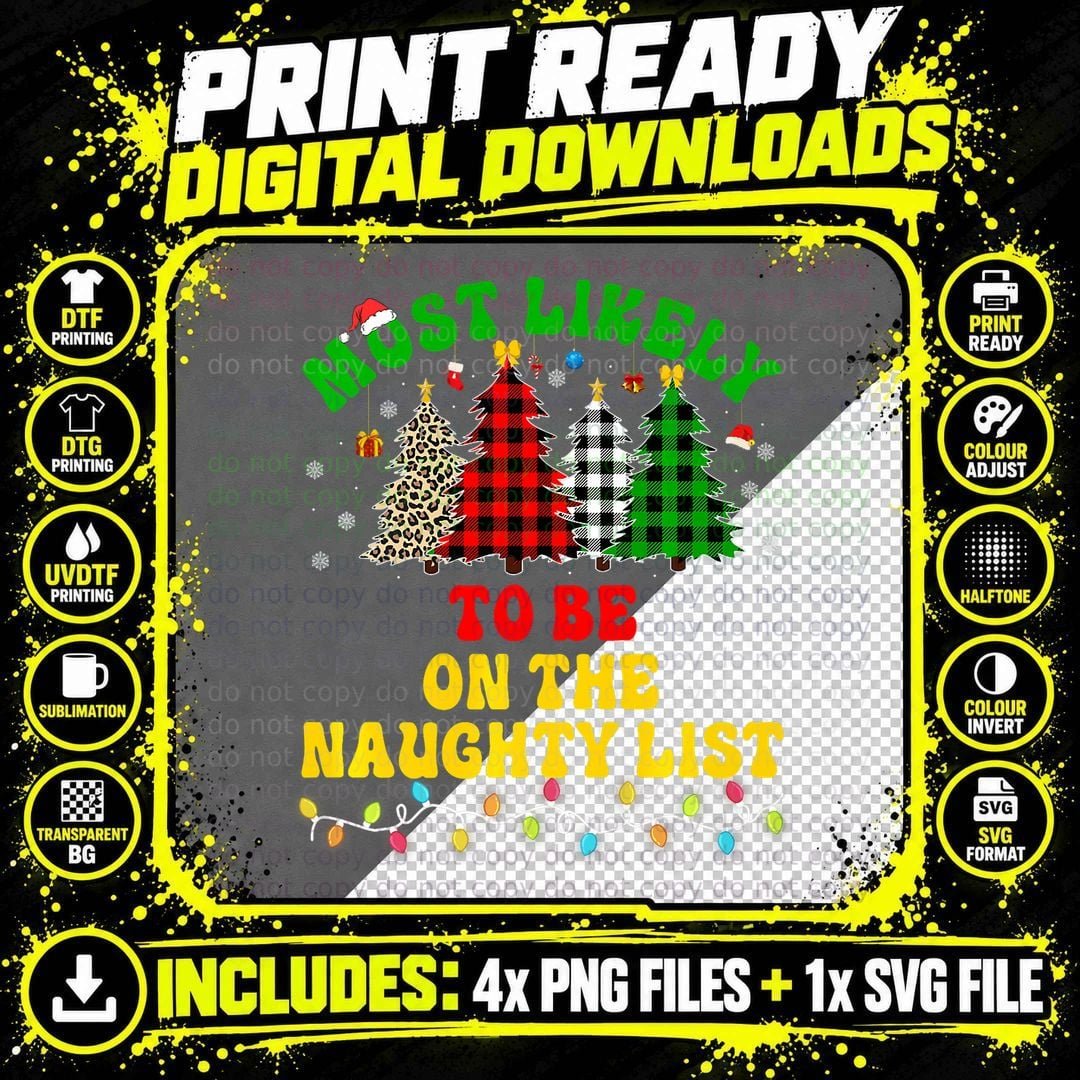 Funny Christmas Most Likely to Be on Naughty List Xmas Png SVG Digital Bundle