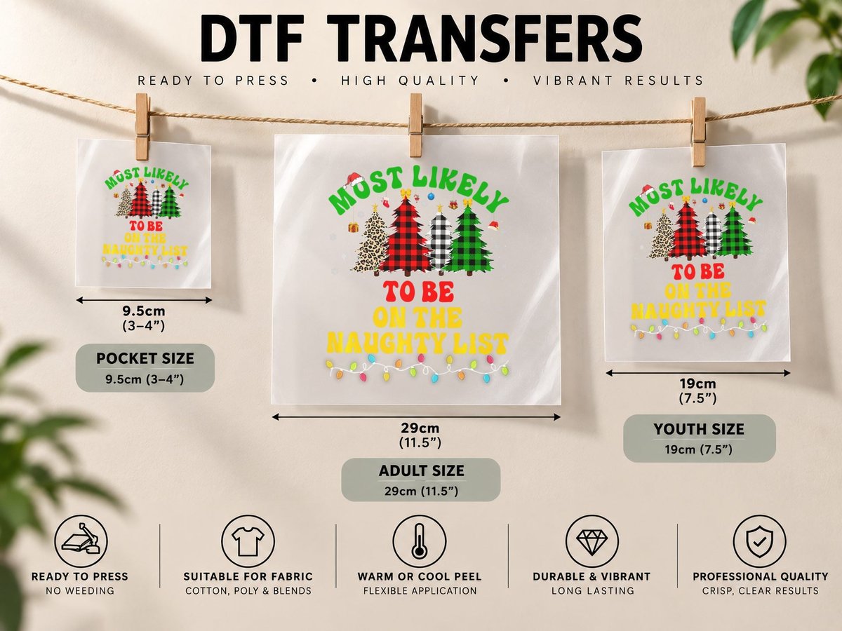 Funny Christmas Most Likely to Be on Naughty List Xmas DTF Transfer Iron On