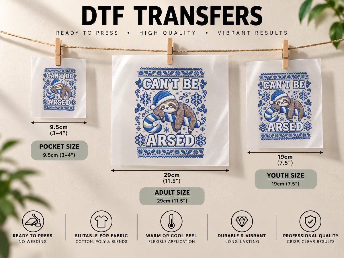 Funny Christmas Sloth Candy Cane Sarcastic Lazy Holiday DTF Transfer Iron On