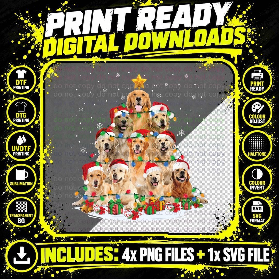 Funny Christmas Tree Golden Retriever Santa Hat Lights Png SVG Digital Bundle