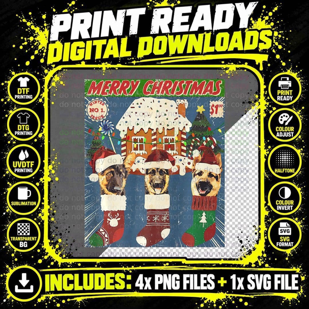 Funny Christmas Vintage Comic German Shepherd in Santa Png SVG Digital Bundle