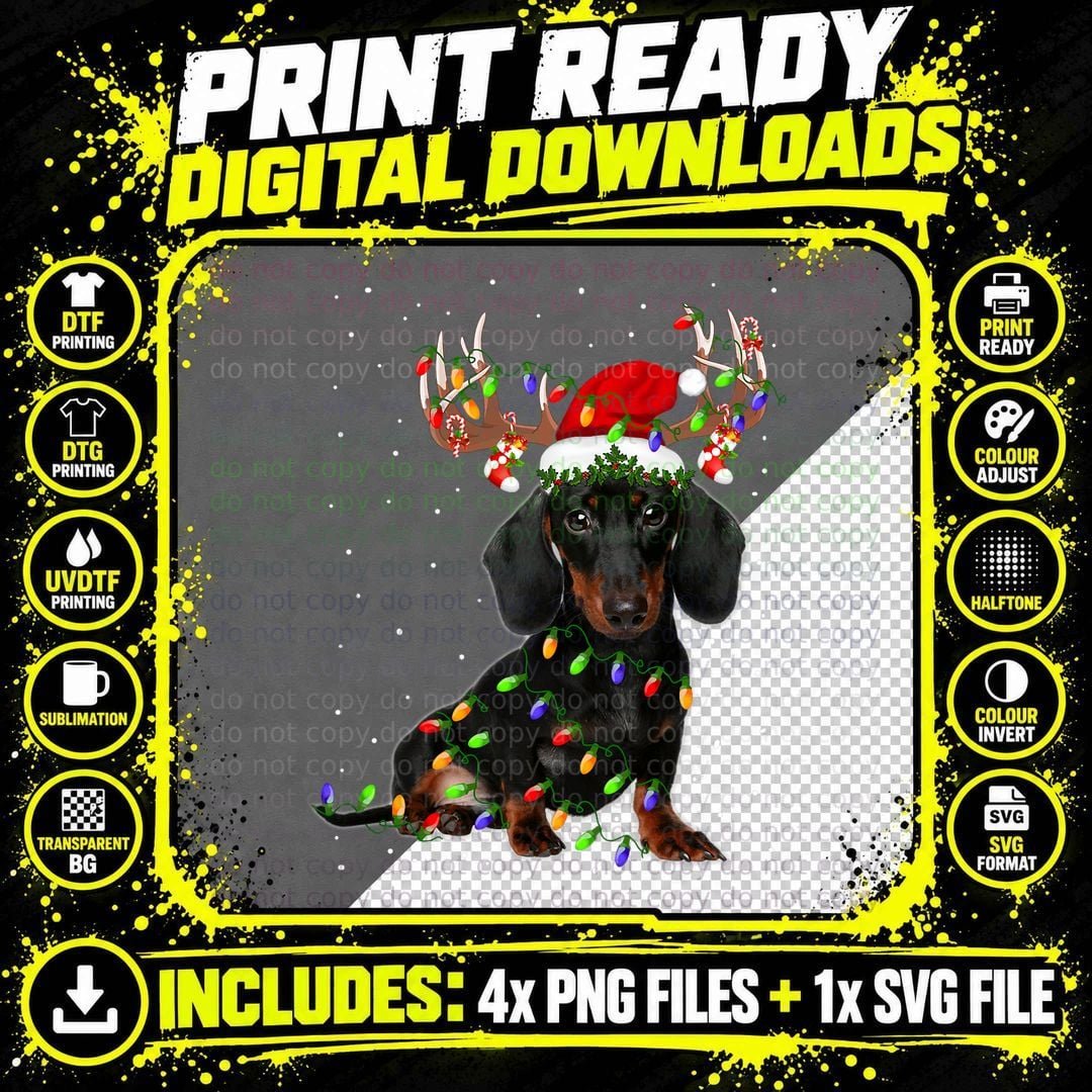 Funny Dachshund Christmas Santa Reindeer Xmas Lights Png SVG Digital Bundle