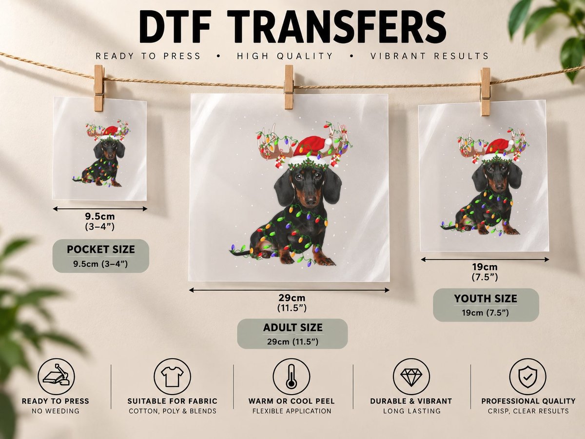 Funny Dachshund Christmas Santa Reindeer Xmas Lights Pajama DTF Transfer Iron On