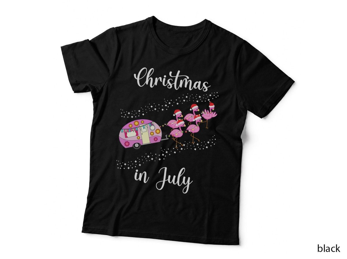 Funny Flamingo Pink Retro Camping Car Christmas in July T-Shirt