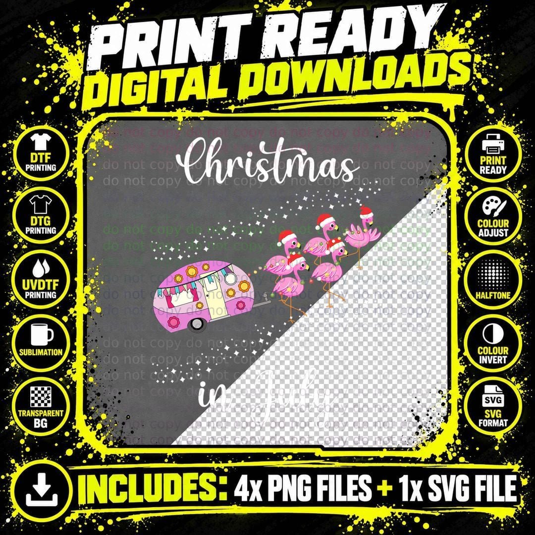 Funny Flamingo Pink Retro Camping Car Christmas in July Png SVG Digital Bundle