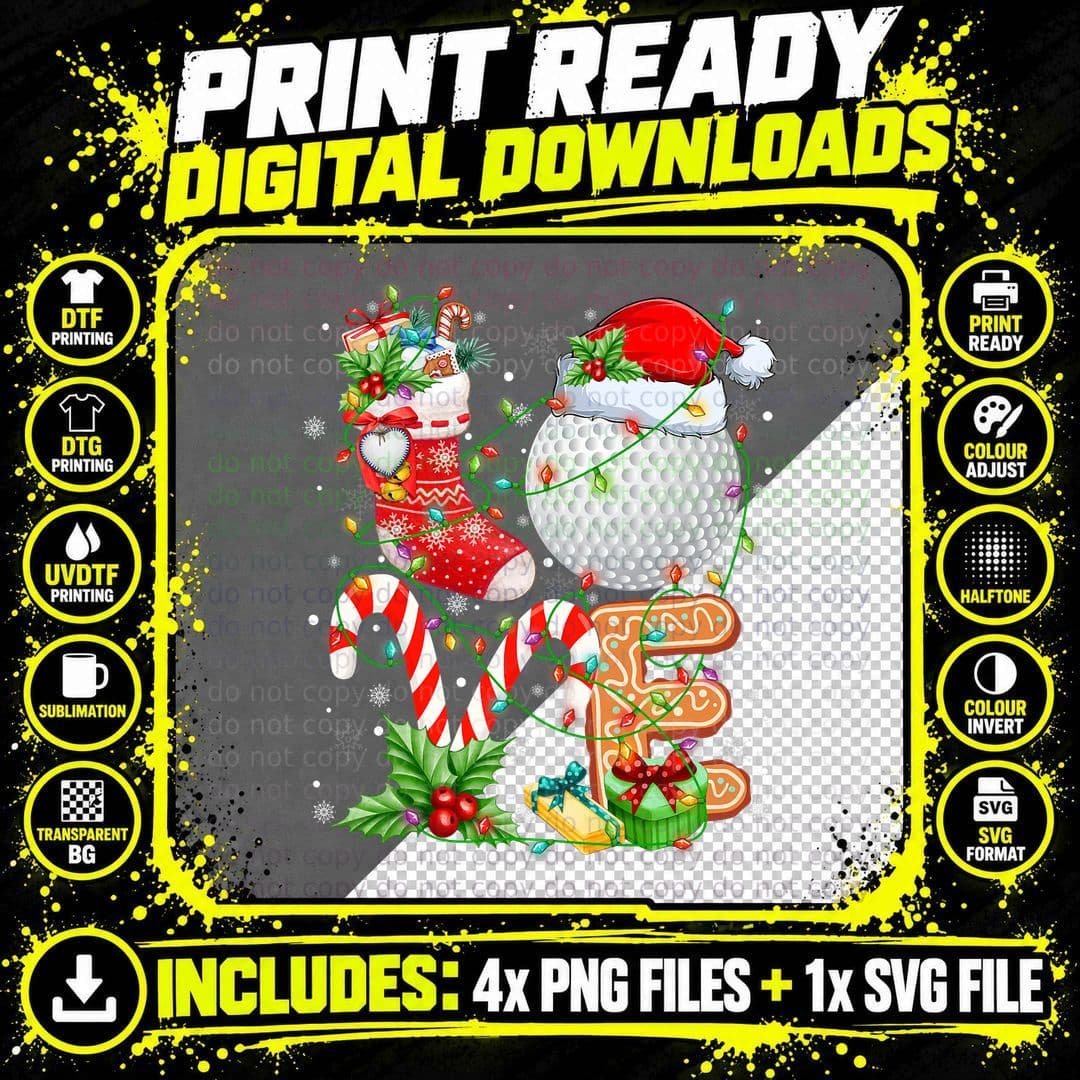 Funny Golf Ball Christmas Santa Love Lights Xmas Boys Png SVG Digital Bundle