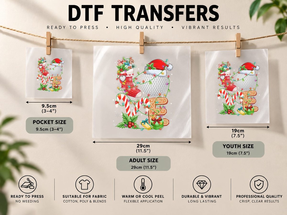 Funny Golf Ball Christmas Santa Love Lights Xmas Boys Girls DTF Transfer Iron On