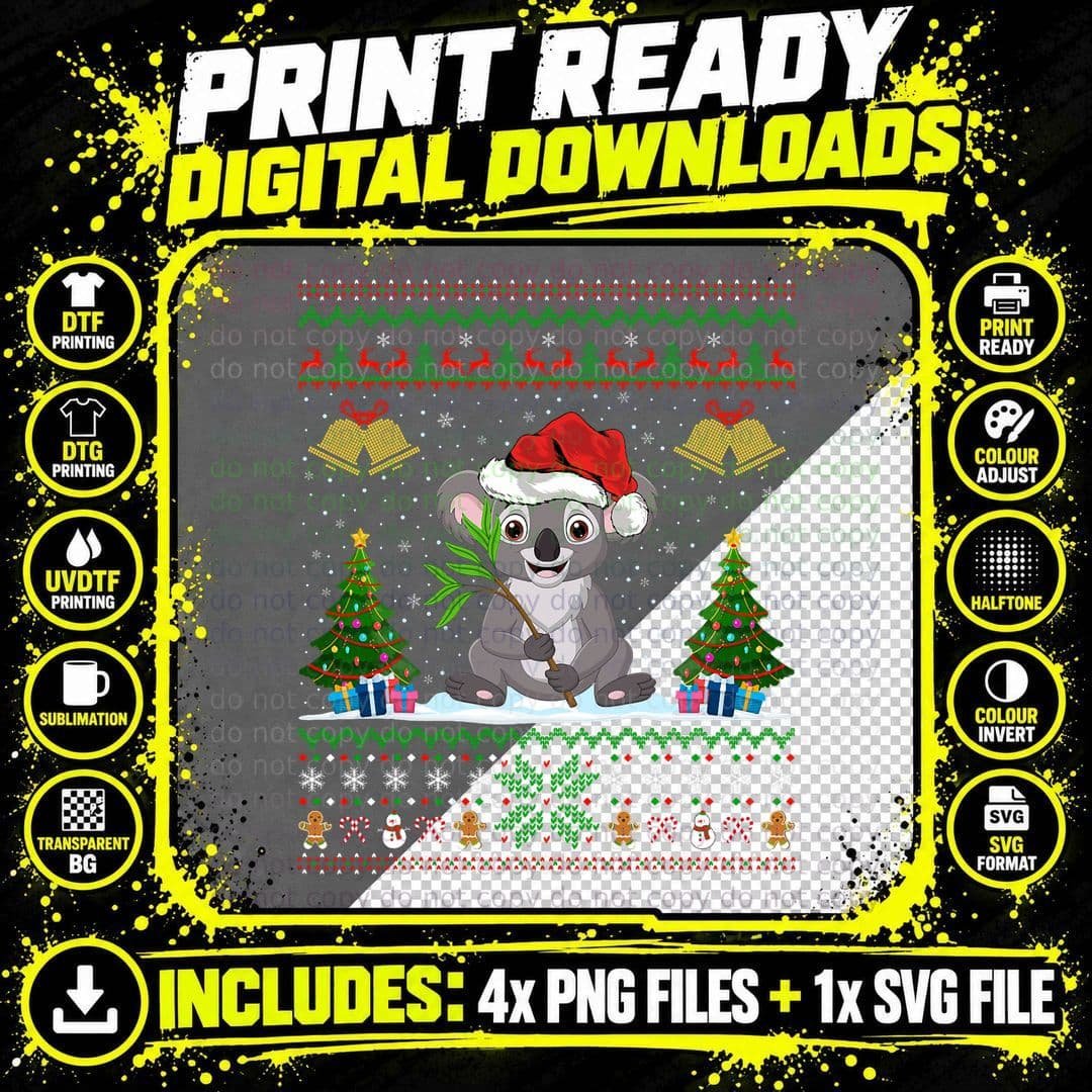 Funny Koalas Xmas Gift Santa Hat Ugly Koala Christmas Png SVG Digital Bundle