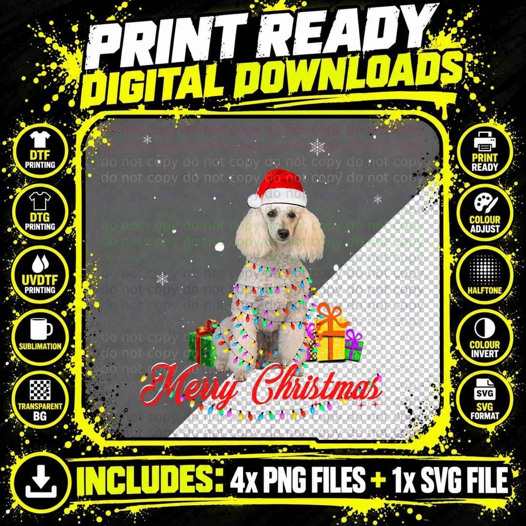 Funny Poodle Dog Christmas Tee Santa Christmas Lights Png SVG Digital Bundle