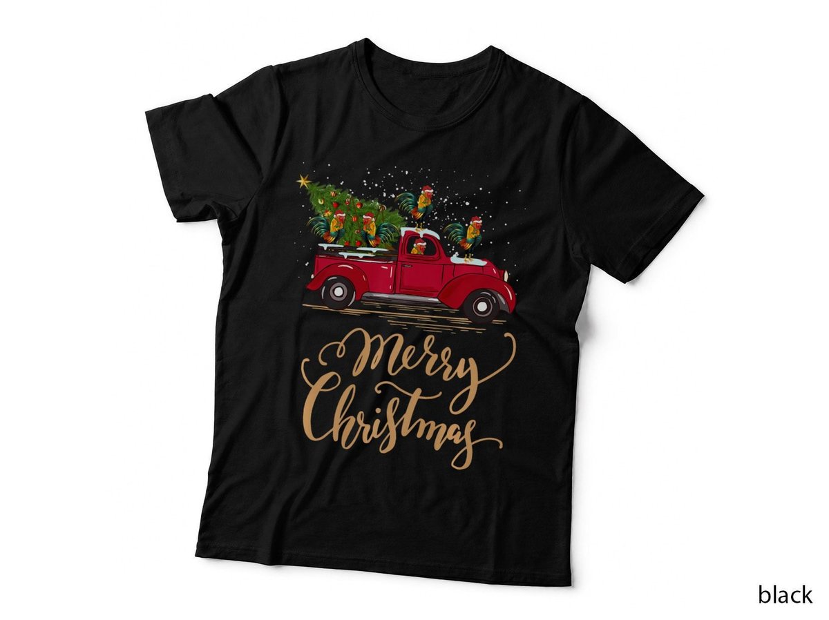 Funny Rooster Driving Christmas Tree Truck Rooster Christmas T-Shirt