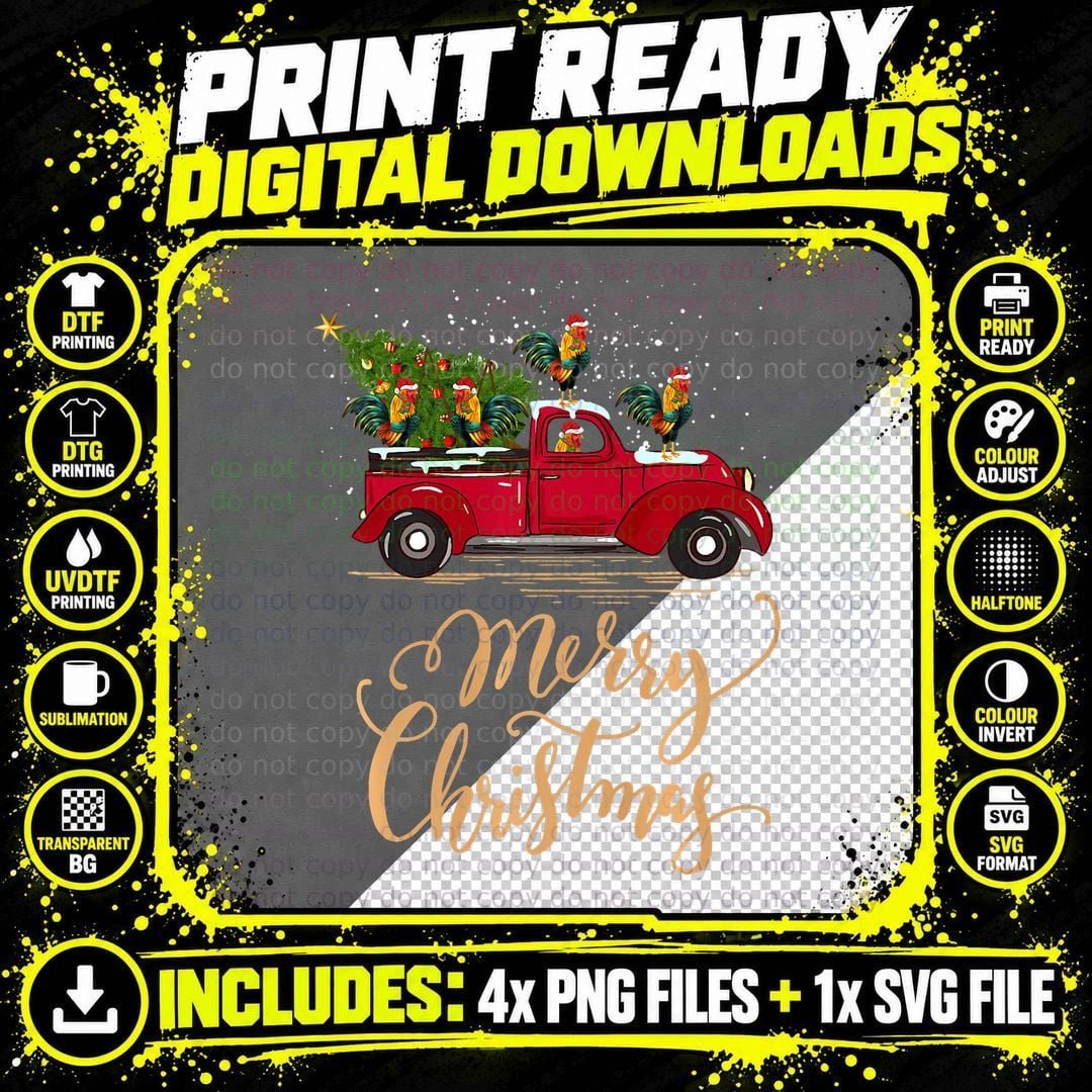 Funny Rooster Driving Christmas Tree Truck Rooster Png SVG Digital Bundle