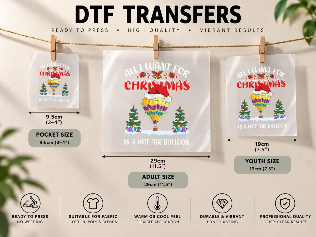 Funny Santa All I Want for Christmas Is a Hot Air Balloon DTF Transfer Iron On