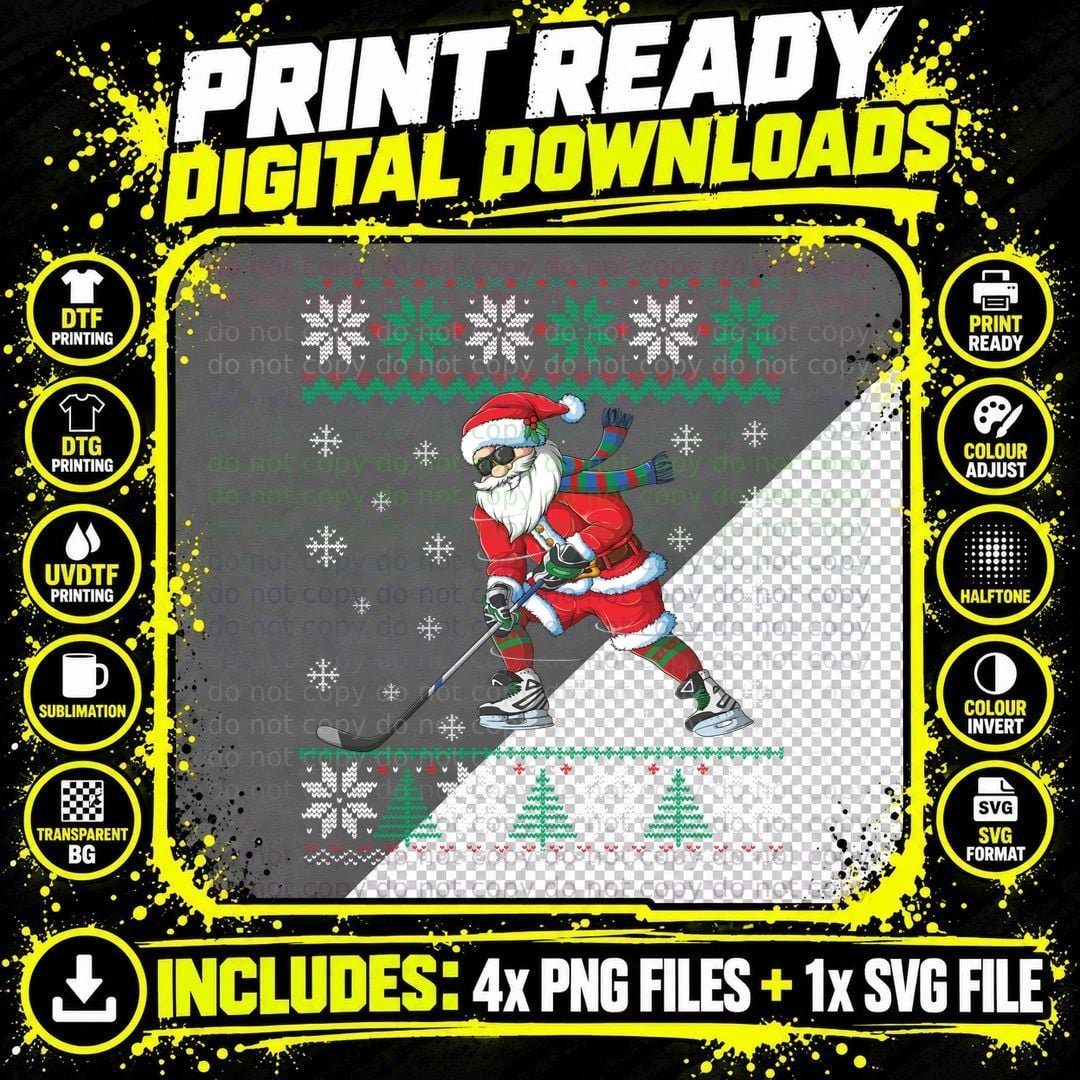 Funny Santa Claus Christmas Ice Hockey Ugly Boys Men Png SVG Digital Bundle