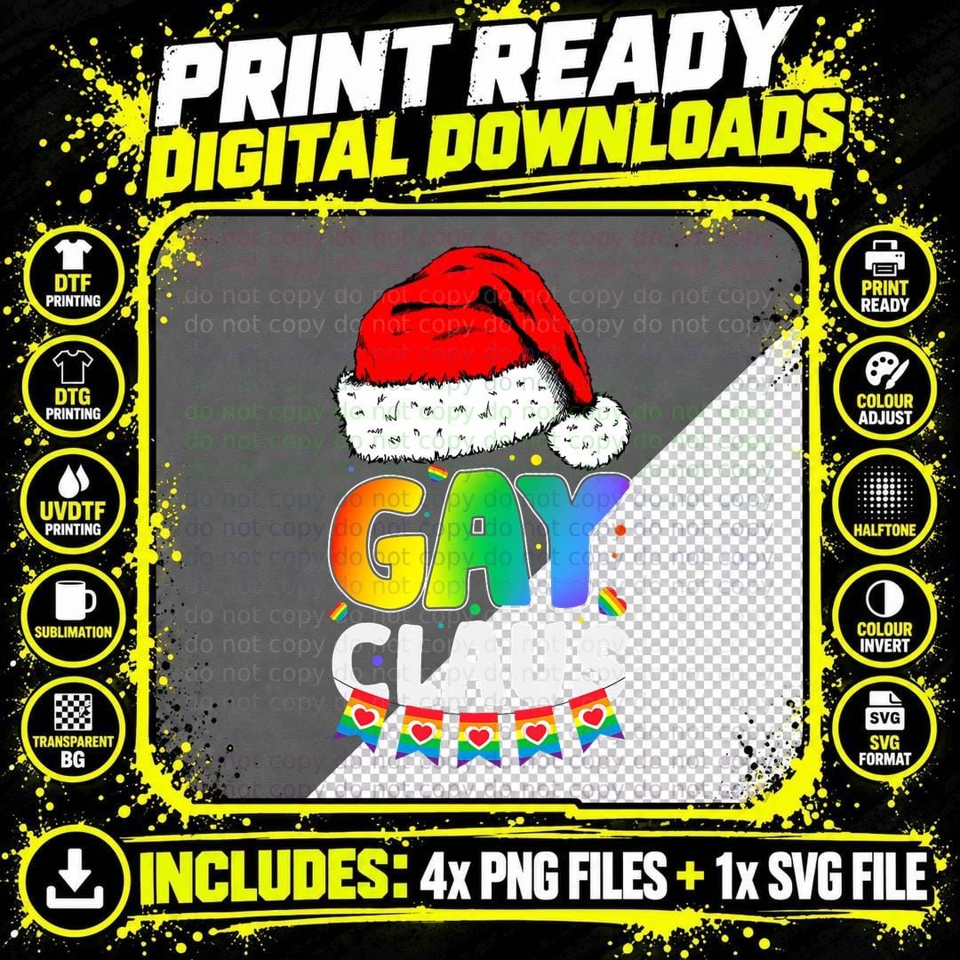 Funny Santa Hat Gay Claus Rainbow LGBT Xmas Christmas Png SVG Digital Bundle