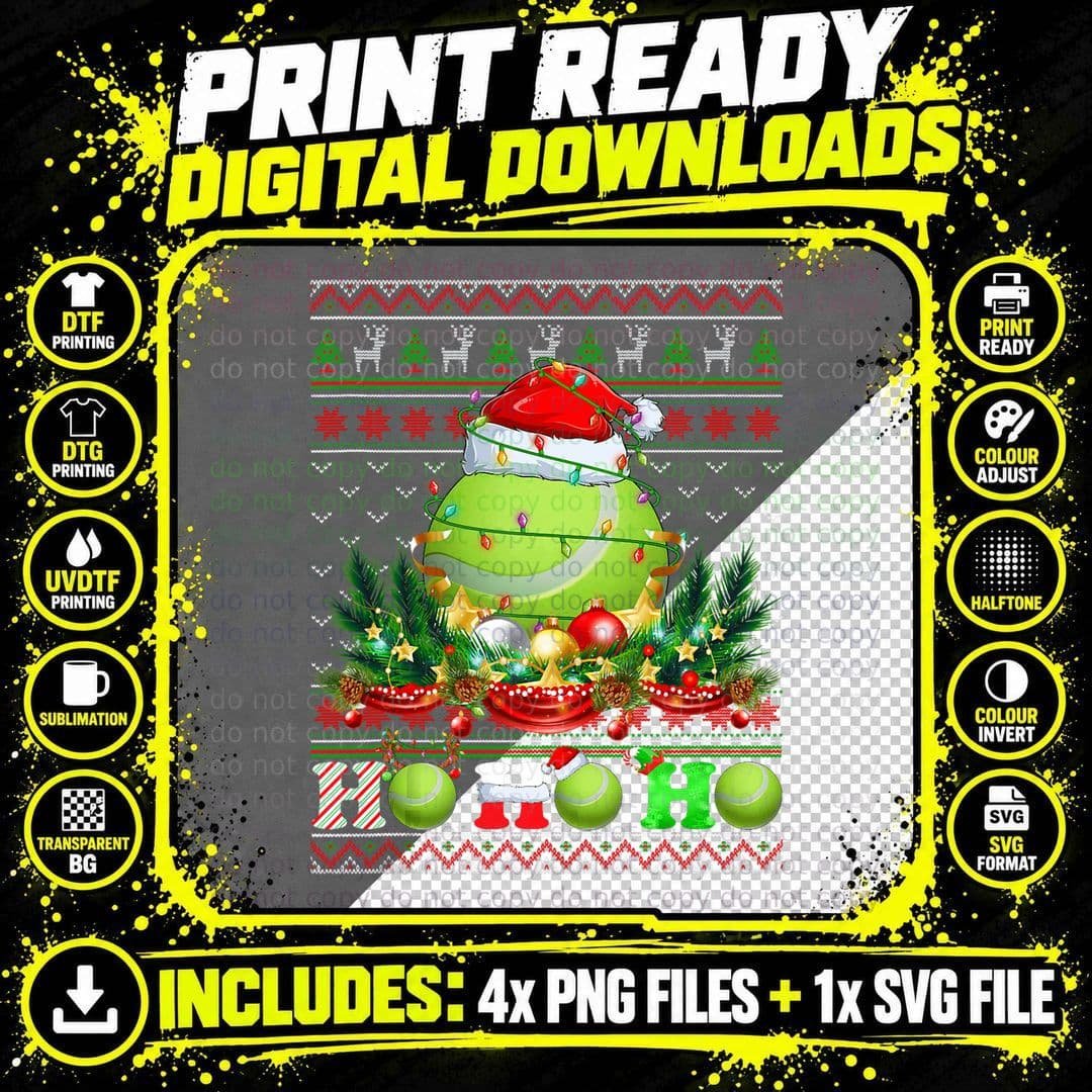 Funny Tennis Ball Xmas Tree Lights Ugly Christmas Png SVG Digital Bundle