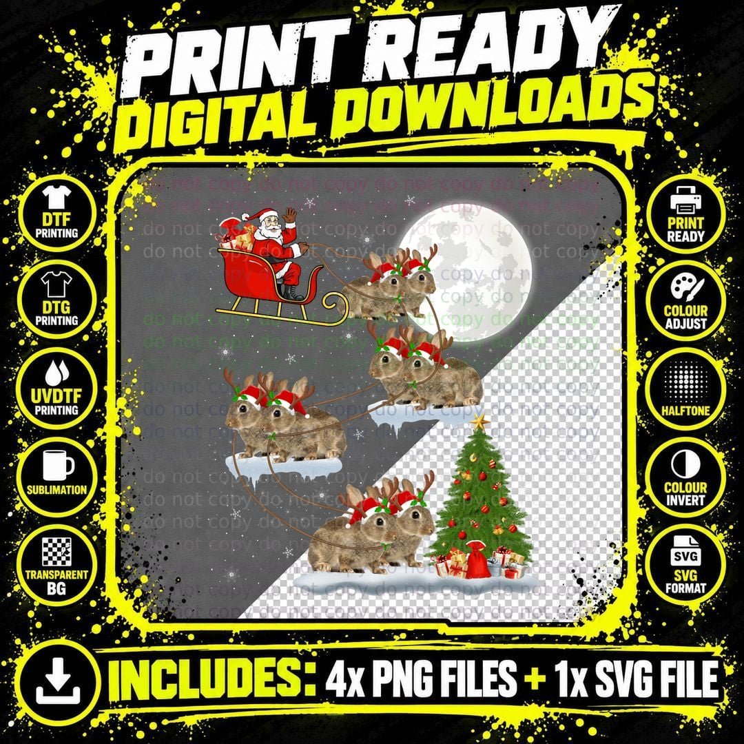 Funny Xmas Lighting Tree Santa Riding Bunny Christmas Png SVG Digital Bundle