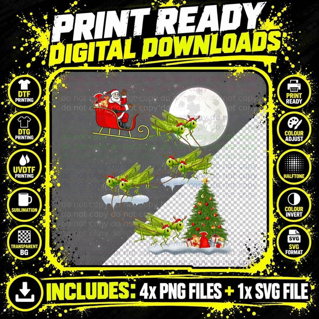 Funny Xmas Lighting Tree Santa Riding Grasshopper Png SVG Digital Bundle