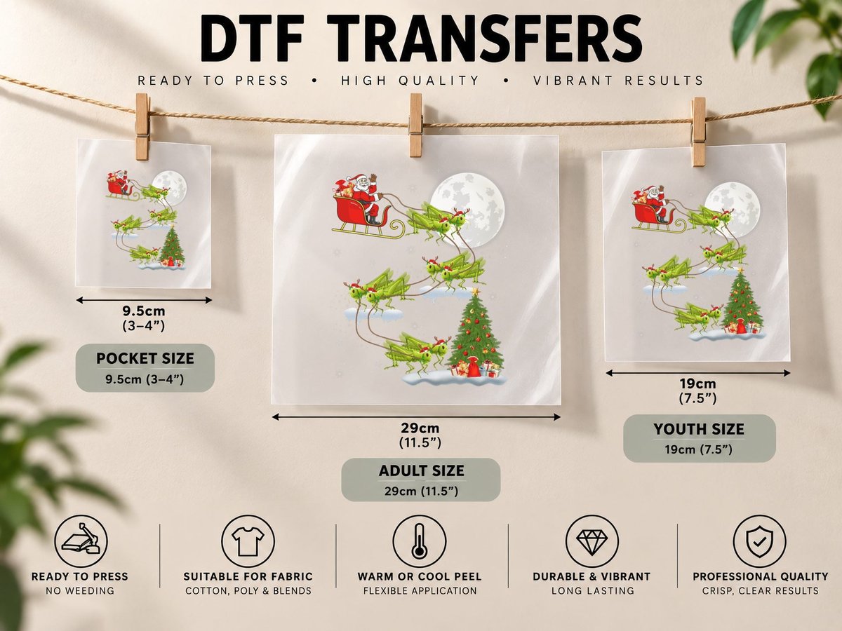 Funny Xmas Lighting Tree Santa Riding Grasshopper Christmas DTF Transfer Iron On