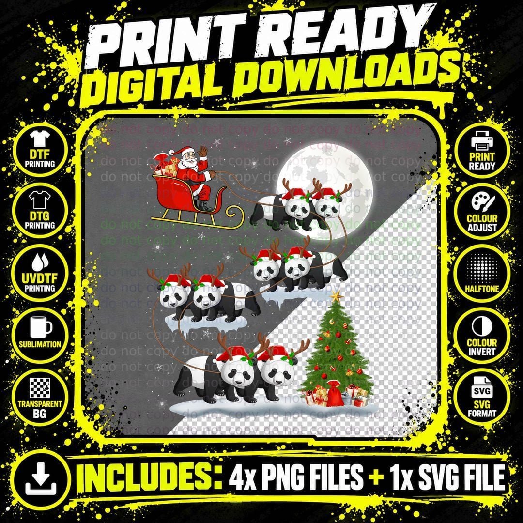 Funny Xmas Lighting Tree Santa Riding Panda Christmas Png SVG Digital Bundle