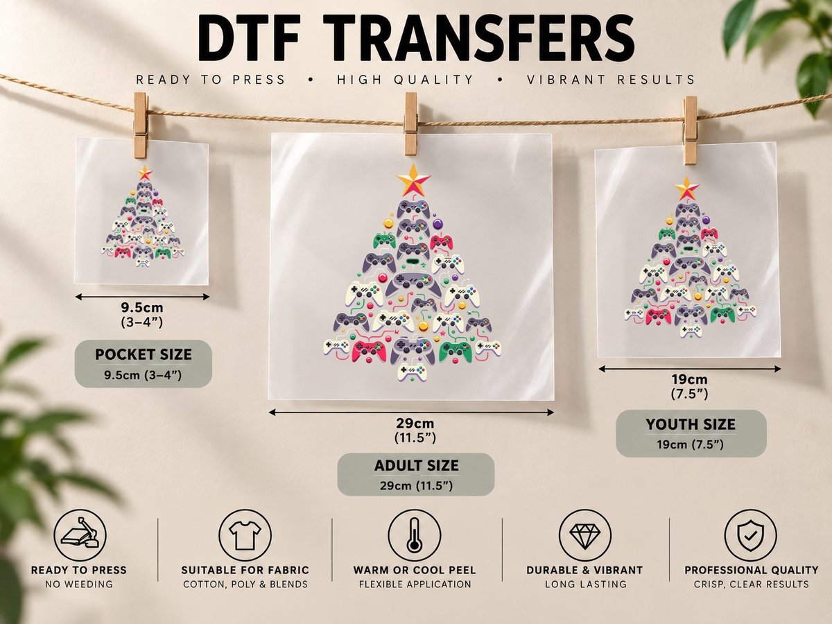 Gaming Controllers Christmas Tree Funny Gamer Christmas DTF Transfer Iron On