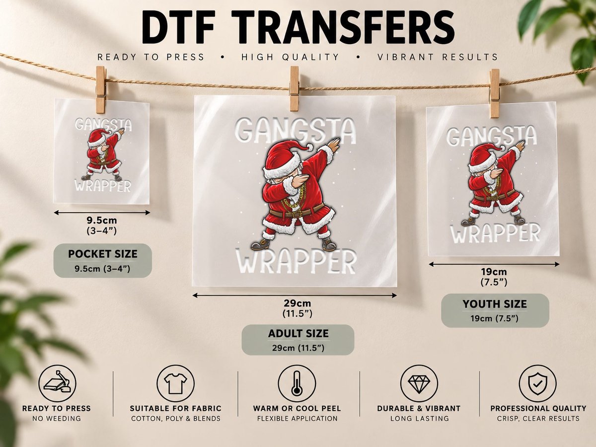 Gangsta Wrapper Funny Dabbing Santa Christmas Men Kids DTF Transfer Iron On